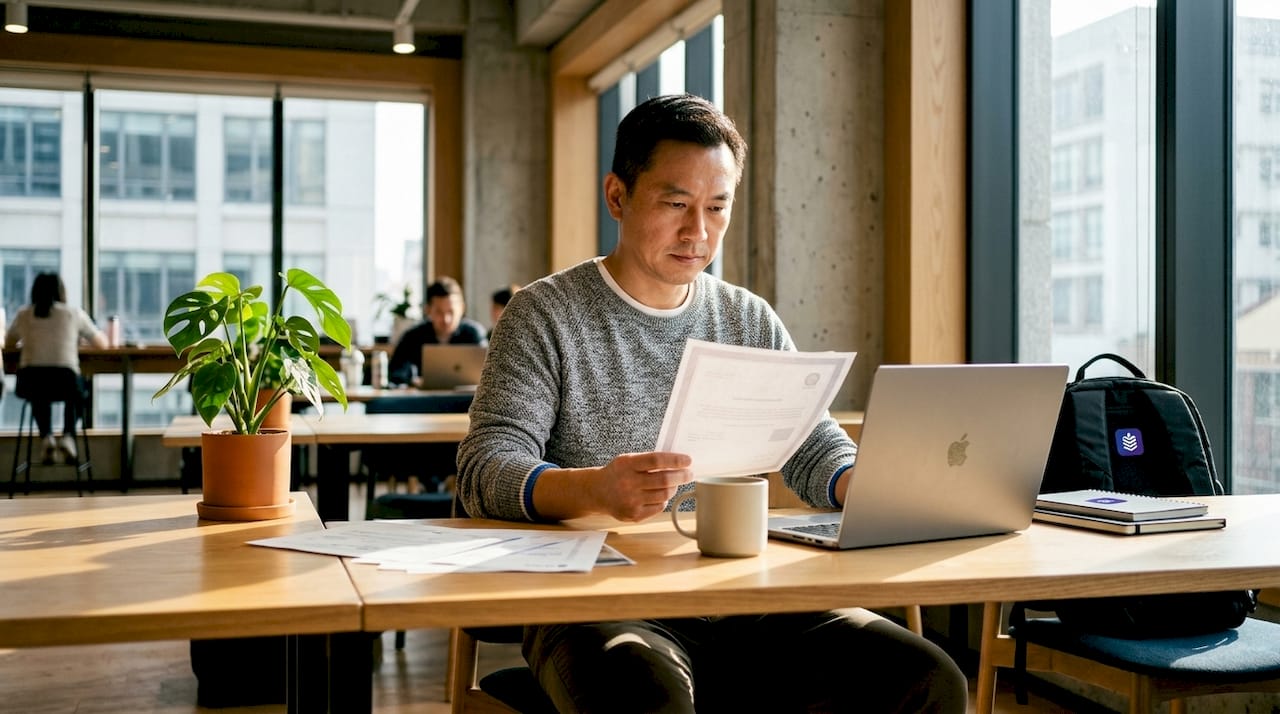 Ecommerce blogger reviewing credentials at desk