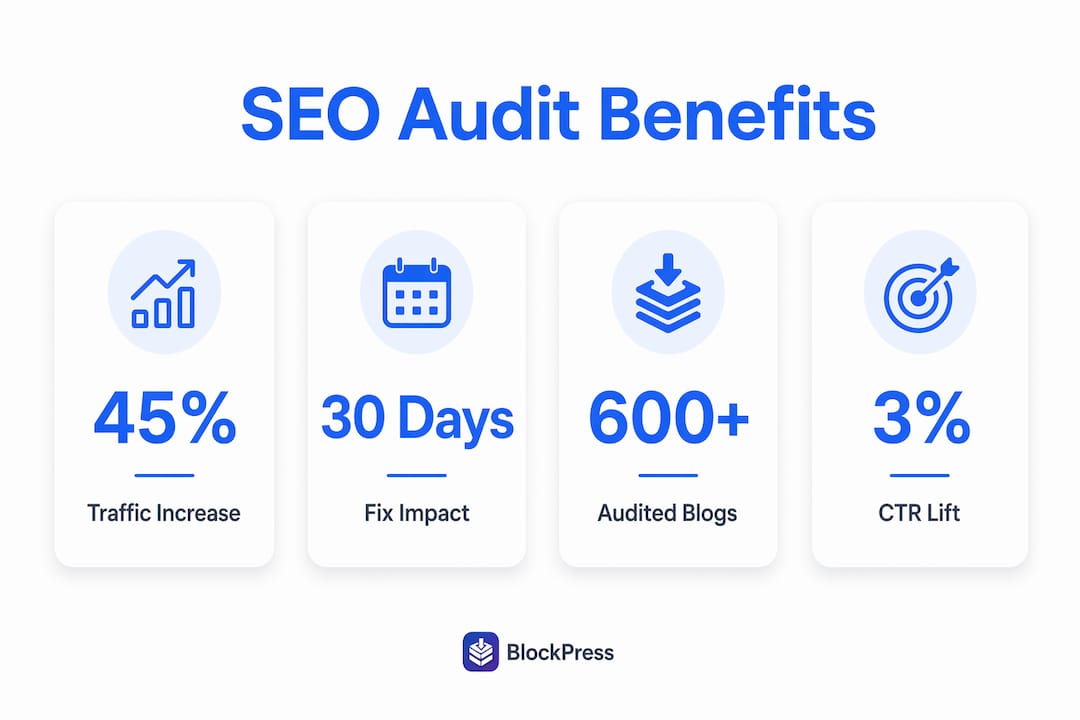 Infographic showing SEO audit benefits and key metrics