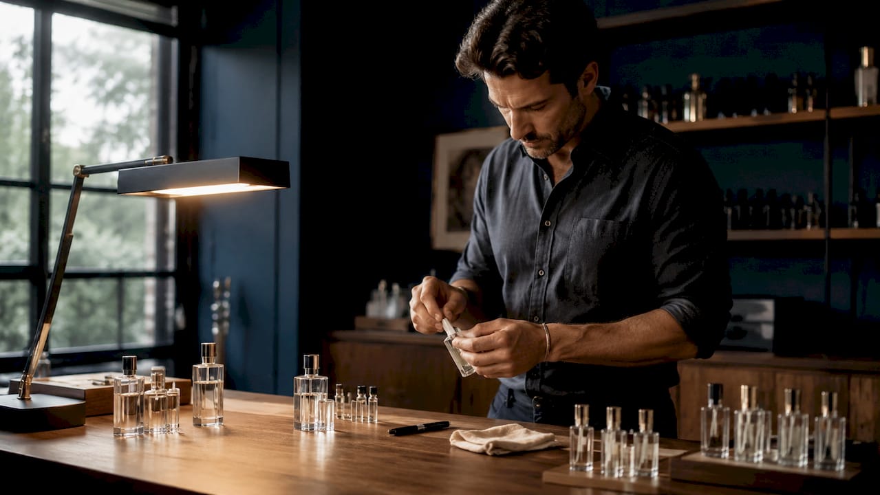 Hands labeling perfume decant vial on marble desk