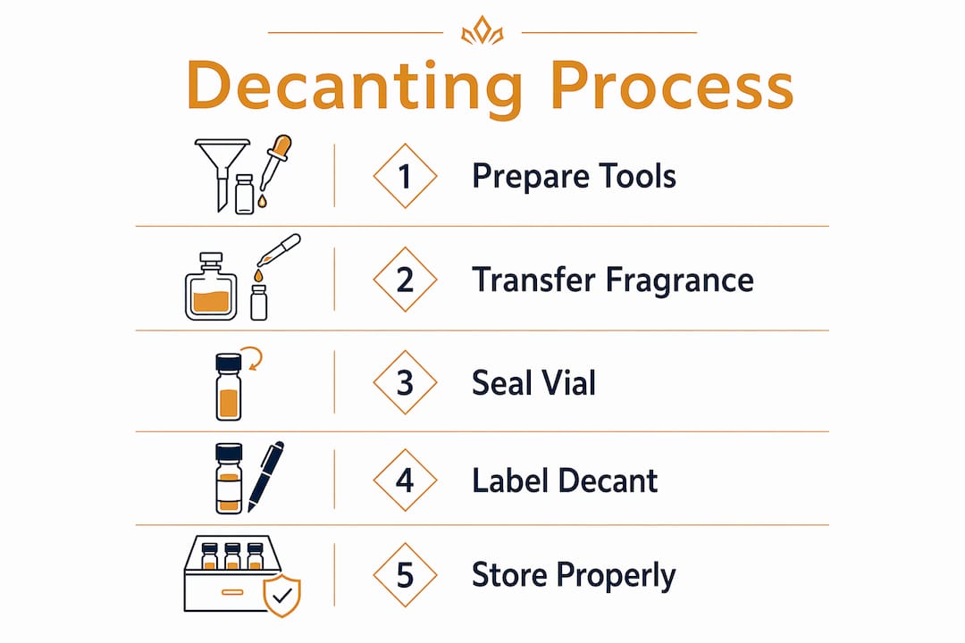 Infographic outlining five steps of perfume decanting process