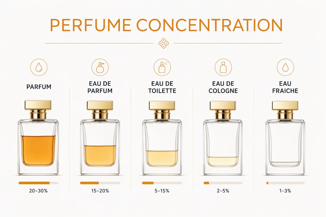 Infographic ranking perfume concentration tiers from strongest to lightest
