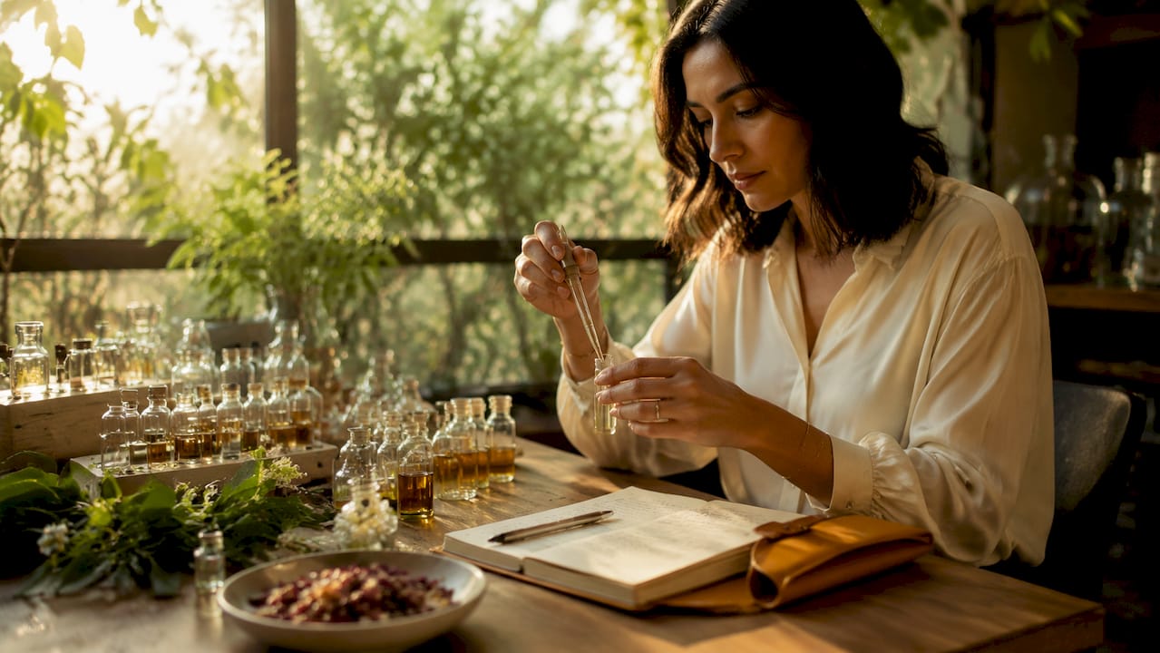 Close-up of perfumer working with fragrance ingredients