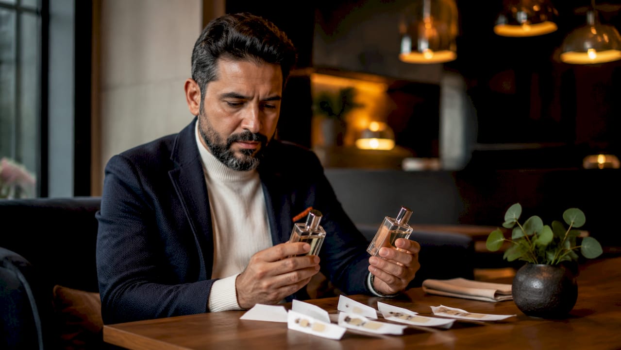 Man comparing perfume bottles at home study
