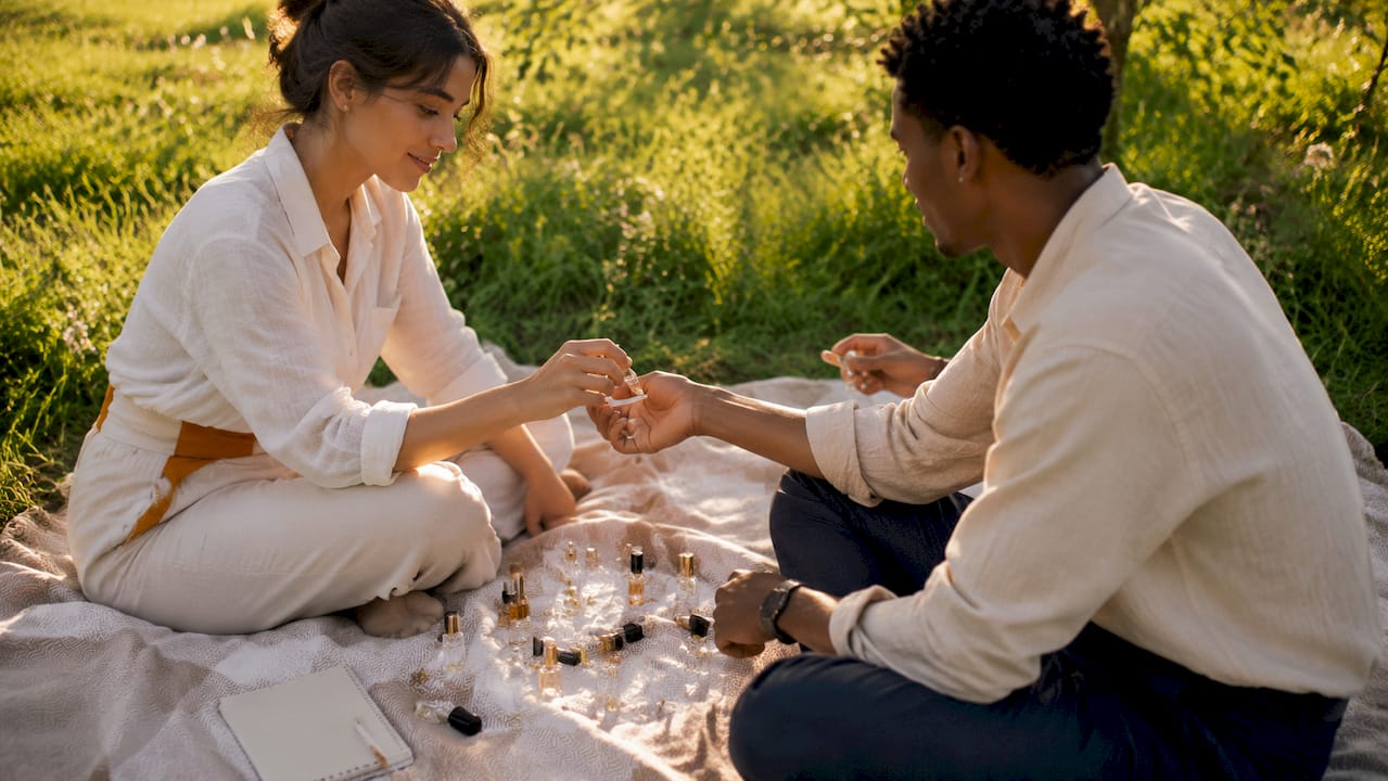Hands testing perfume samples on wrists