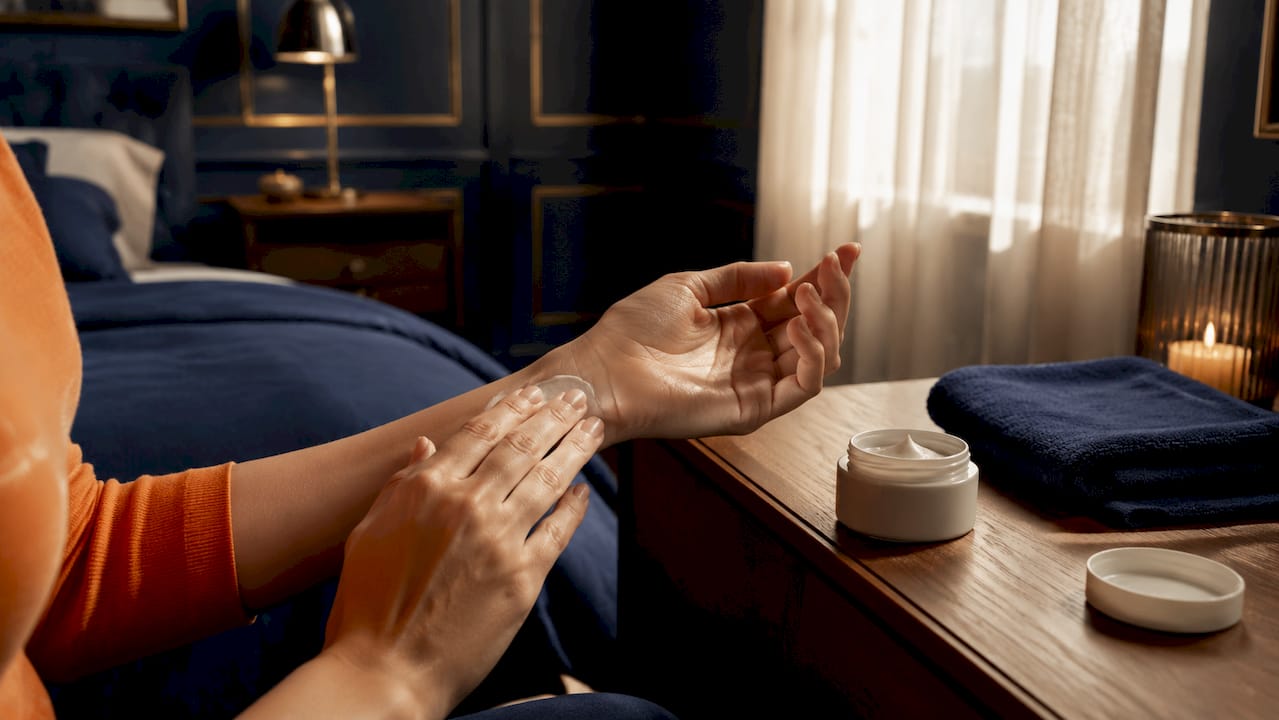 Hands applying moisturizer preparing skin