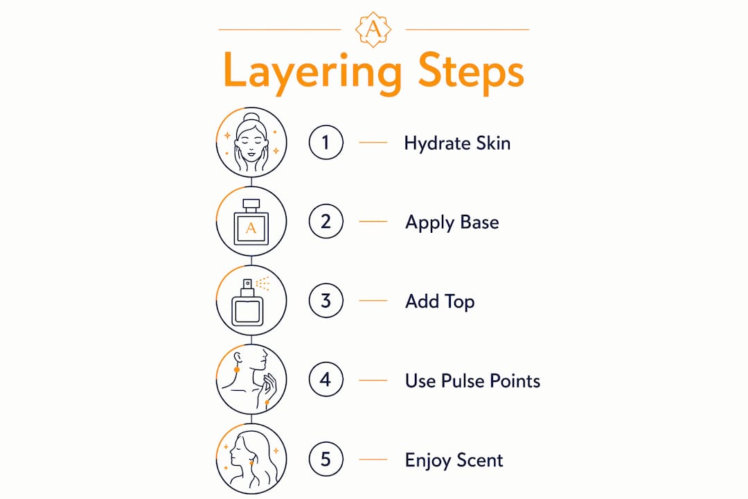 Infographic illustrating fragrance layering steps