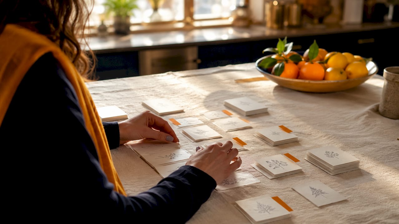 Hands sorting fragrance note cards on wooden table