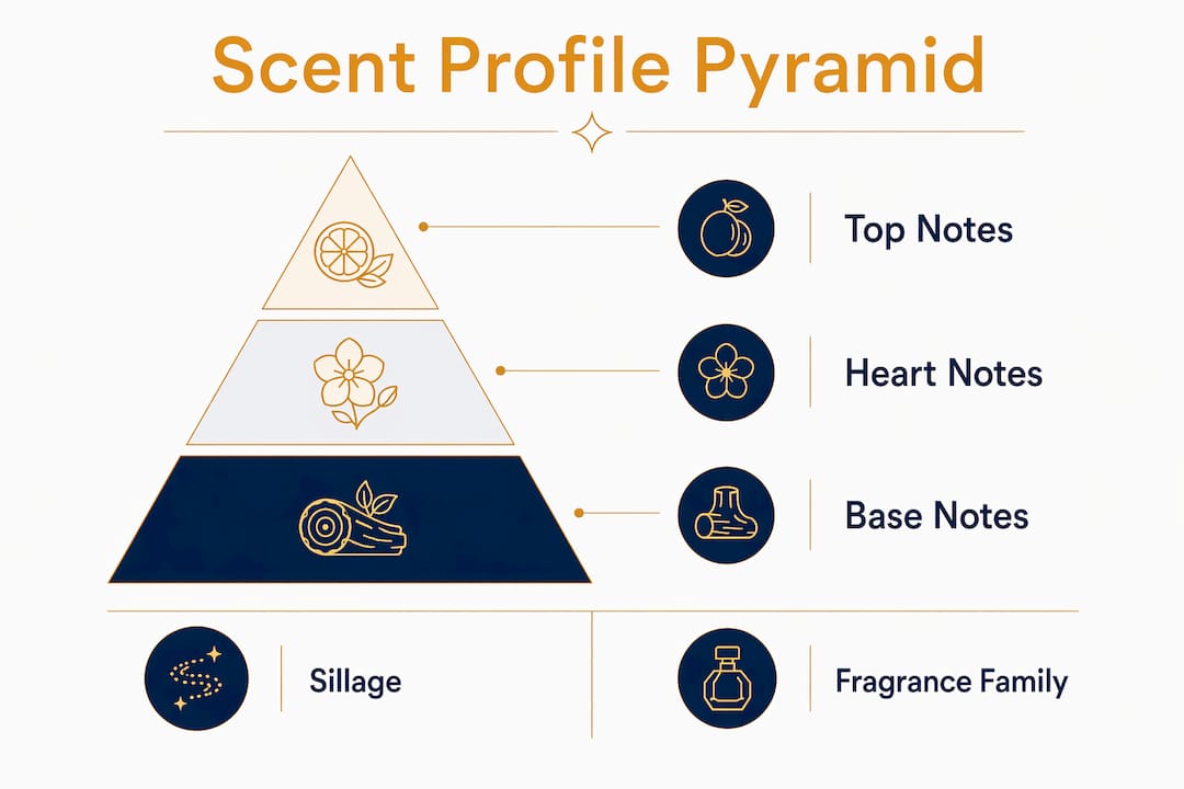 Infographic illustrating scent profile pyramid elements
