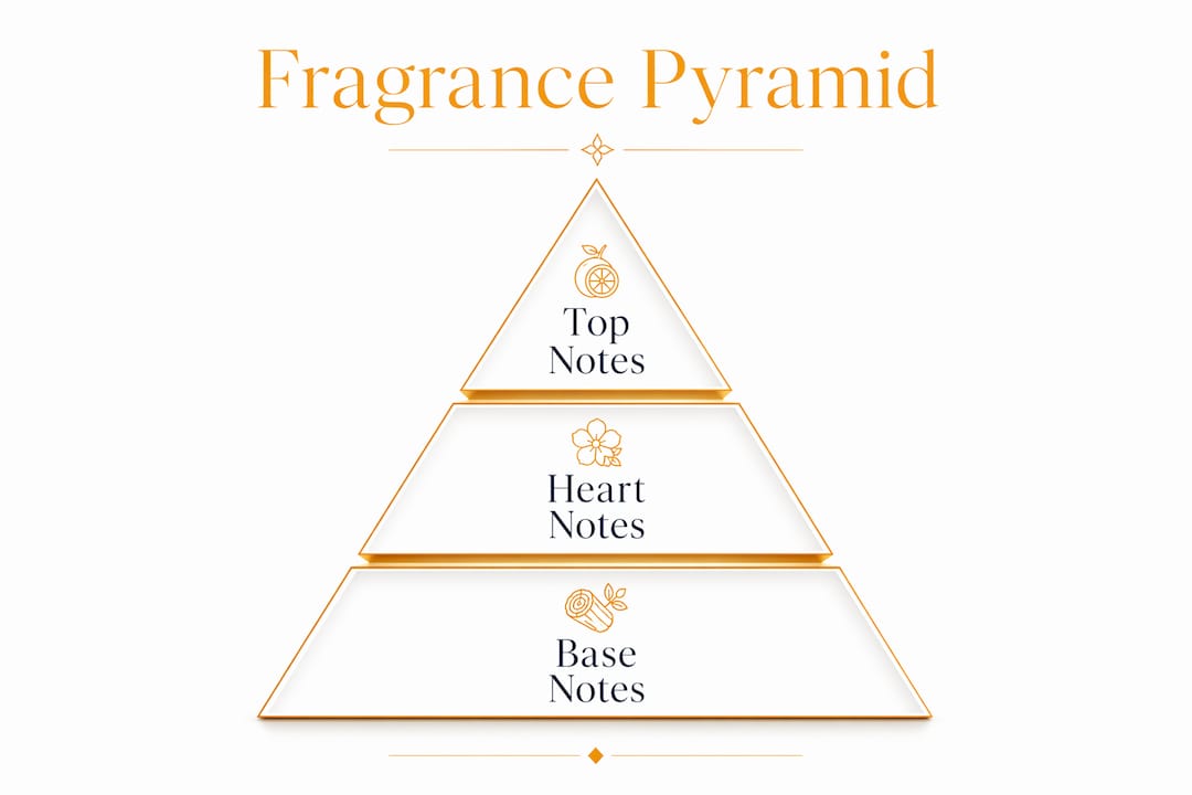 Infographic depicting the fragrance pyramid with top, heart, and base notes