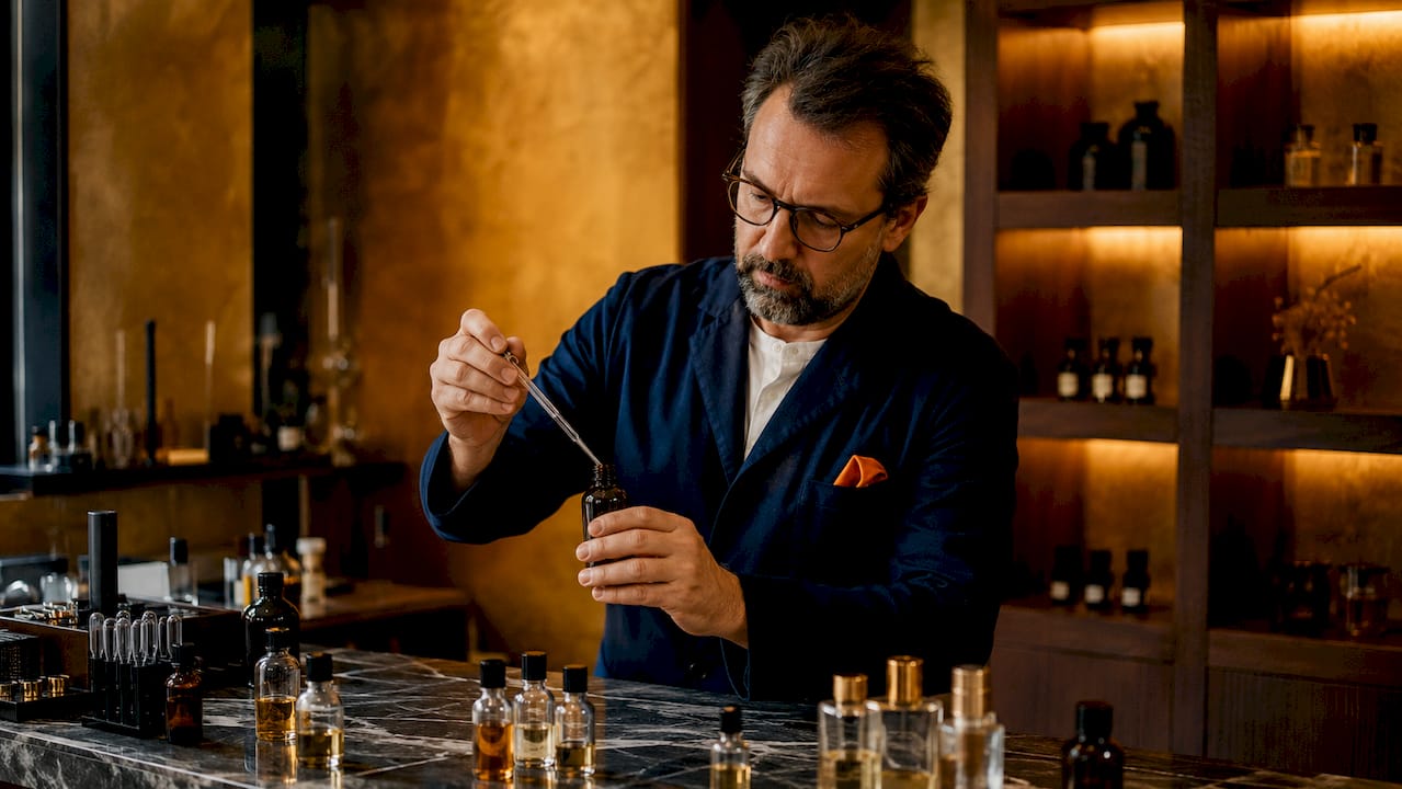 Perfumer mixing essential oils in minimalist studio