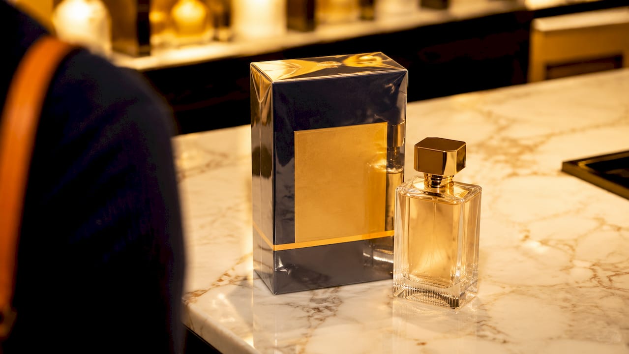 Close-up authentic perfume packaging and bottle