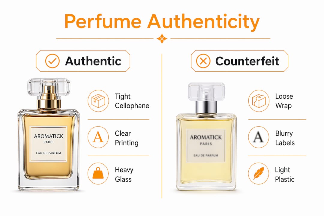 Infographic comparing authentic and counterfeit perfume packaging