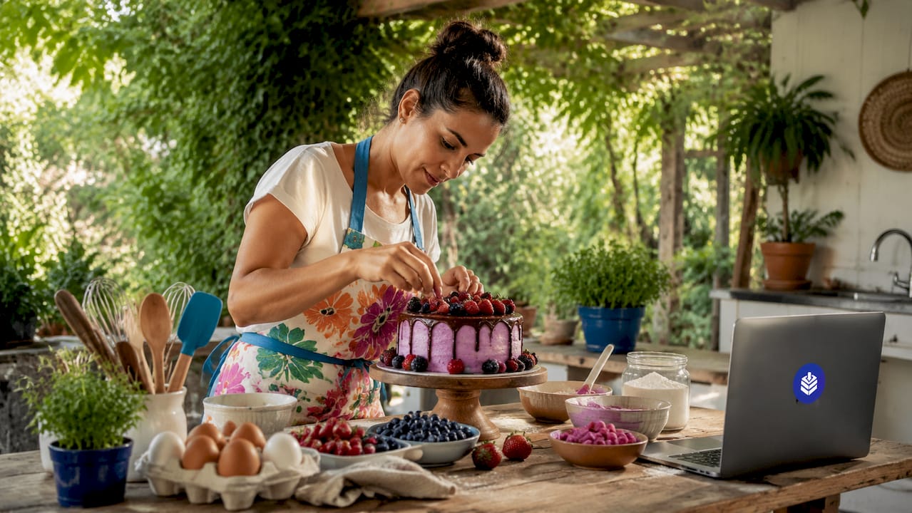 Baker decorating cake in sunlit kitchen