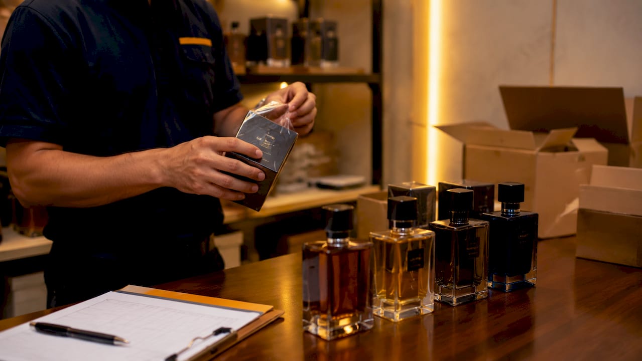 Hands unpacking perfume boxes in warehouse