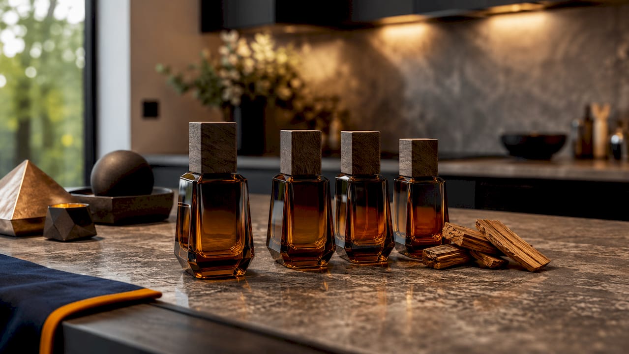 Close-up of woody men's cologne bottles and natural elements