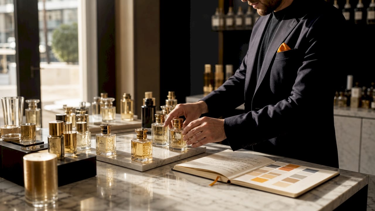 Close-up of hands arranging luxury perfume bottles