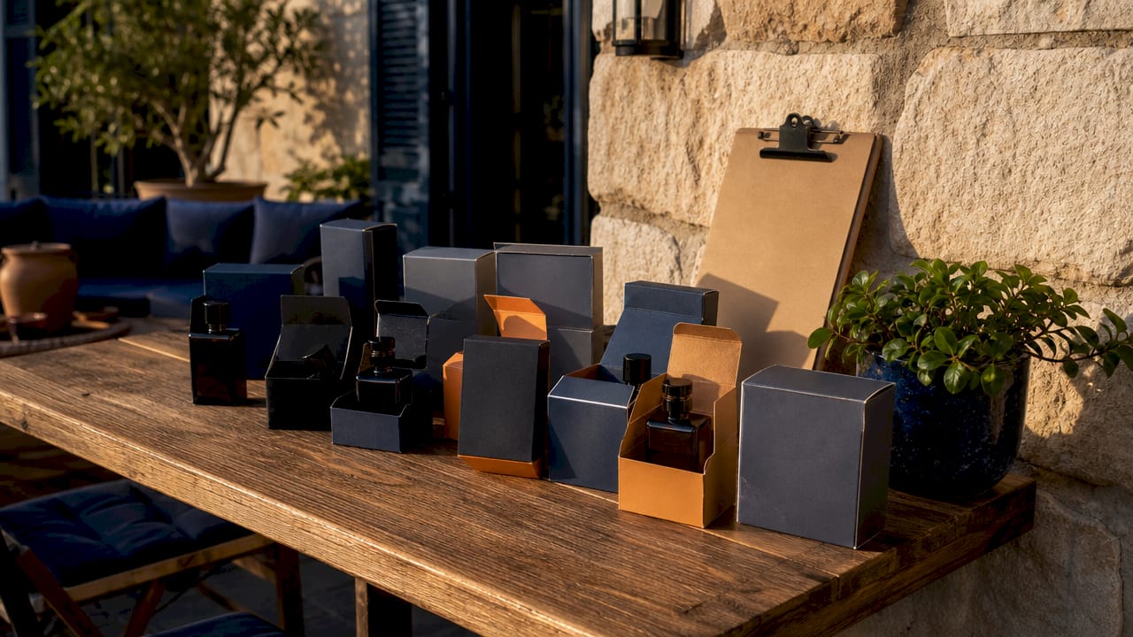 Closeup of boxed fragrances in warehouse setting