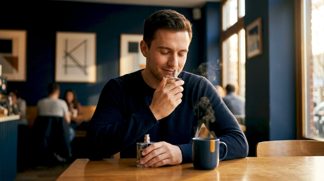 Young man smelling niche perfume bottle indoors