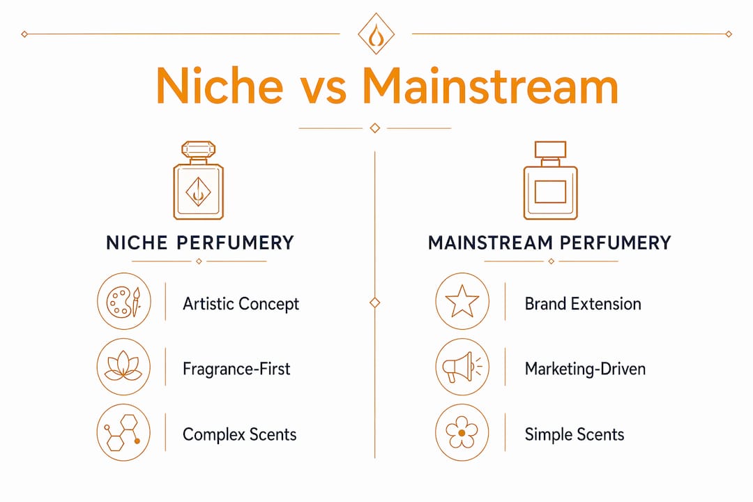 Infographic comparing niche and mainstream perfumery