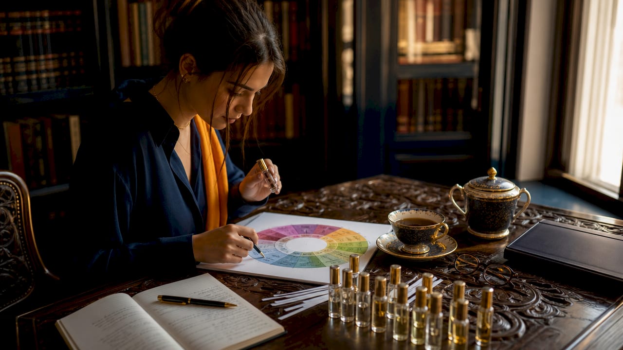 Overhead view of fragrance wheel and perfume samples