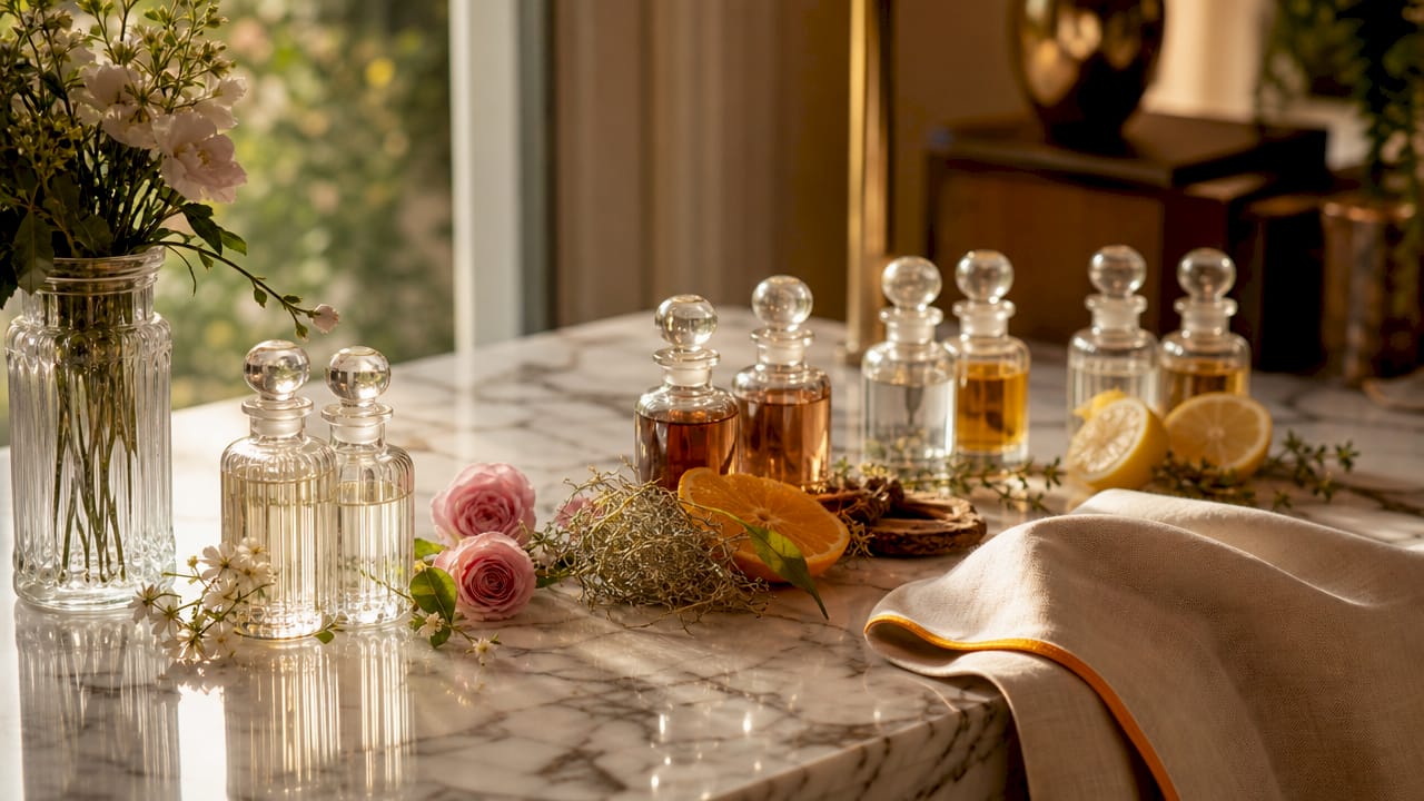 Perfume bottles grouped by scent categories overhead