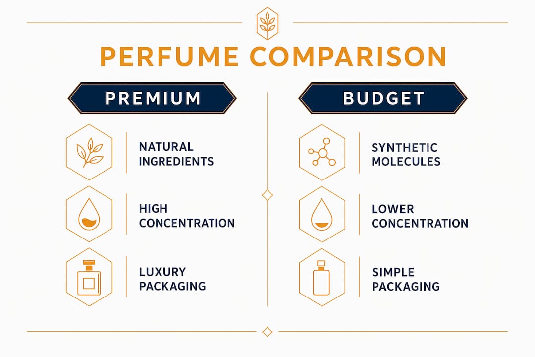 Infographic comparing premium and budget perfume features