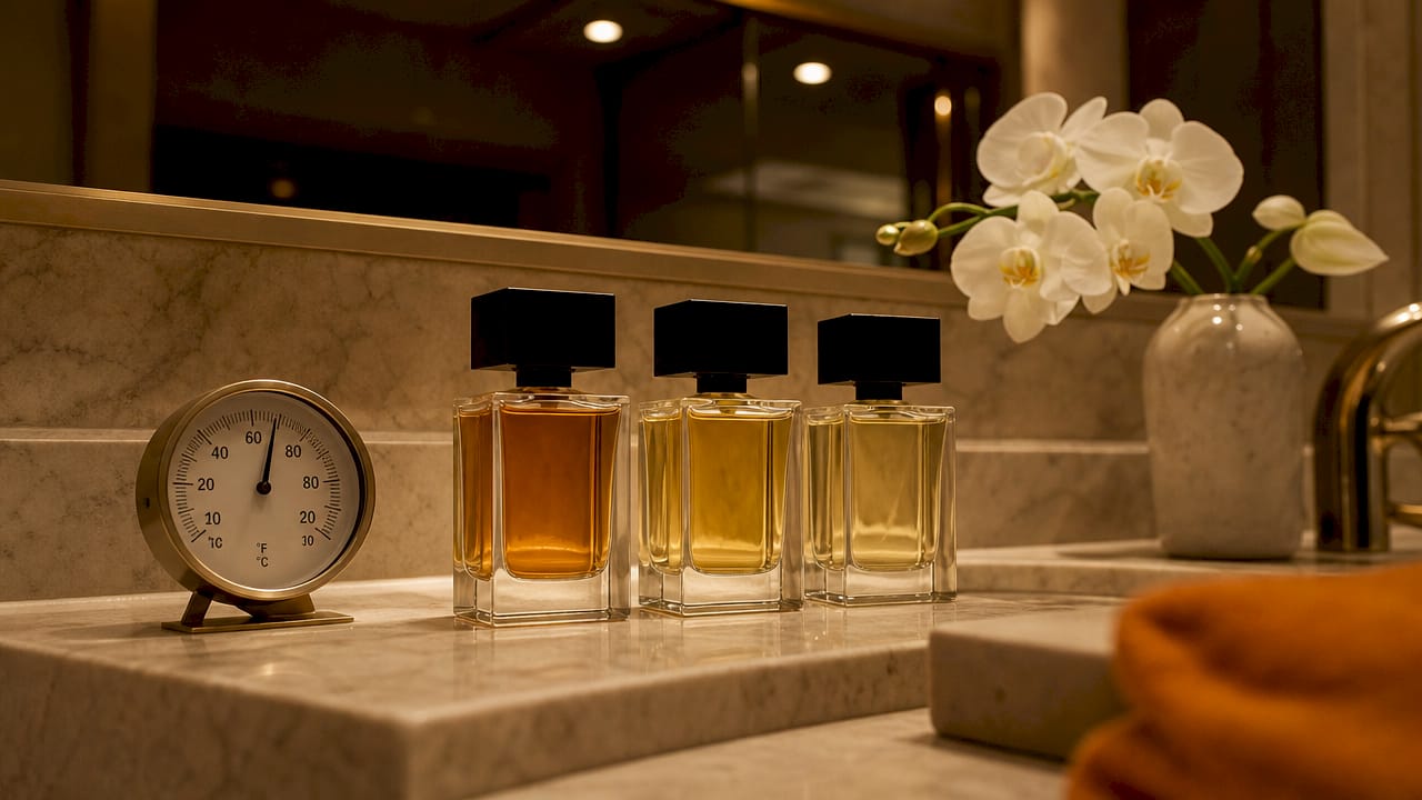 Perfume bottles on shelf with thermometer