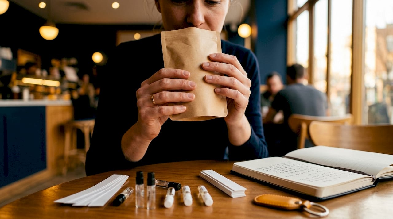 Hands smelling coffee beans to reset scent