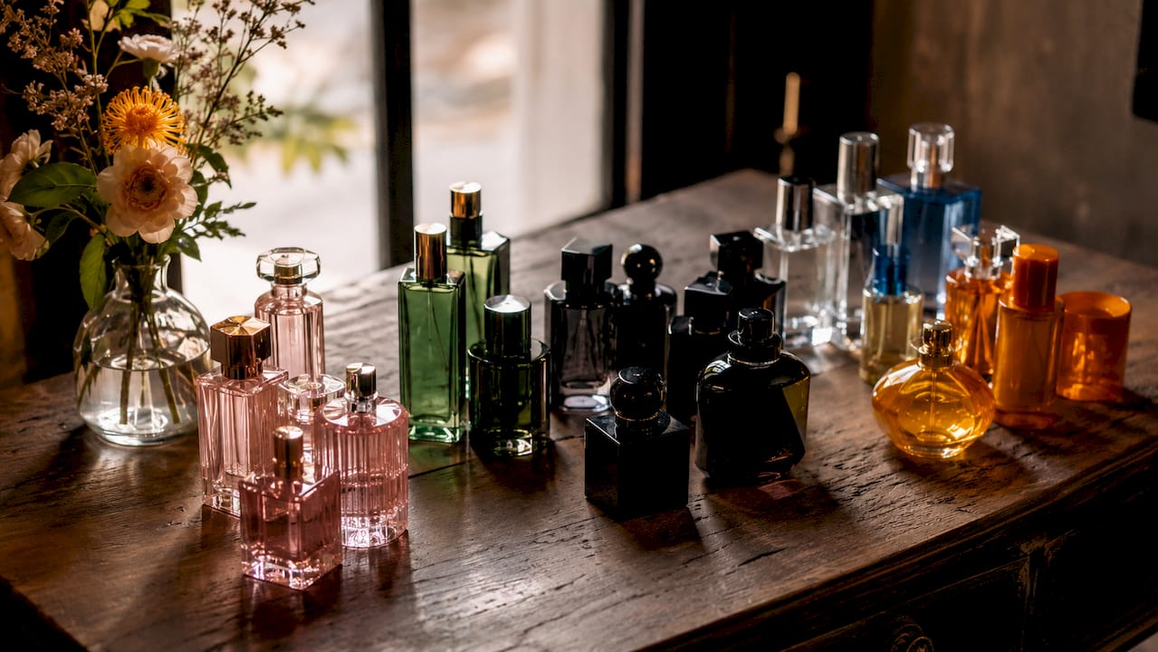 Overhead view of categorized perfume bottles