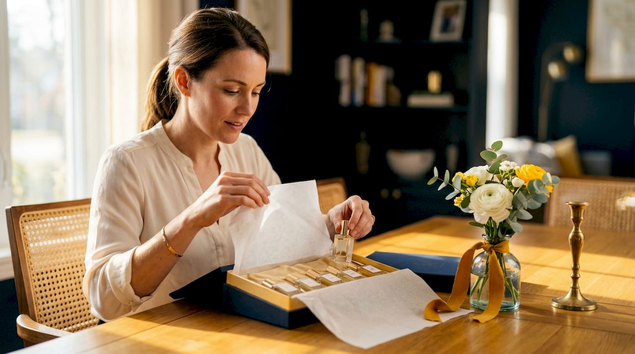 Hands unboxing fragrance discovery set overhead