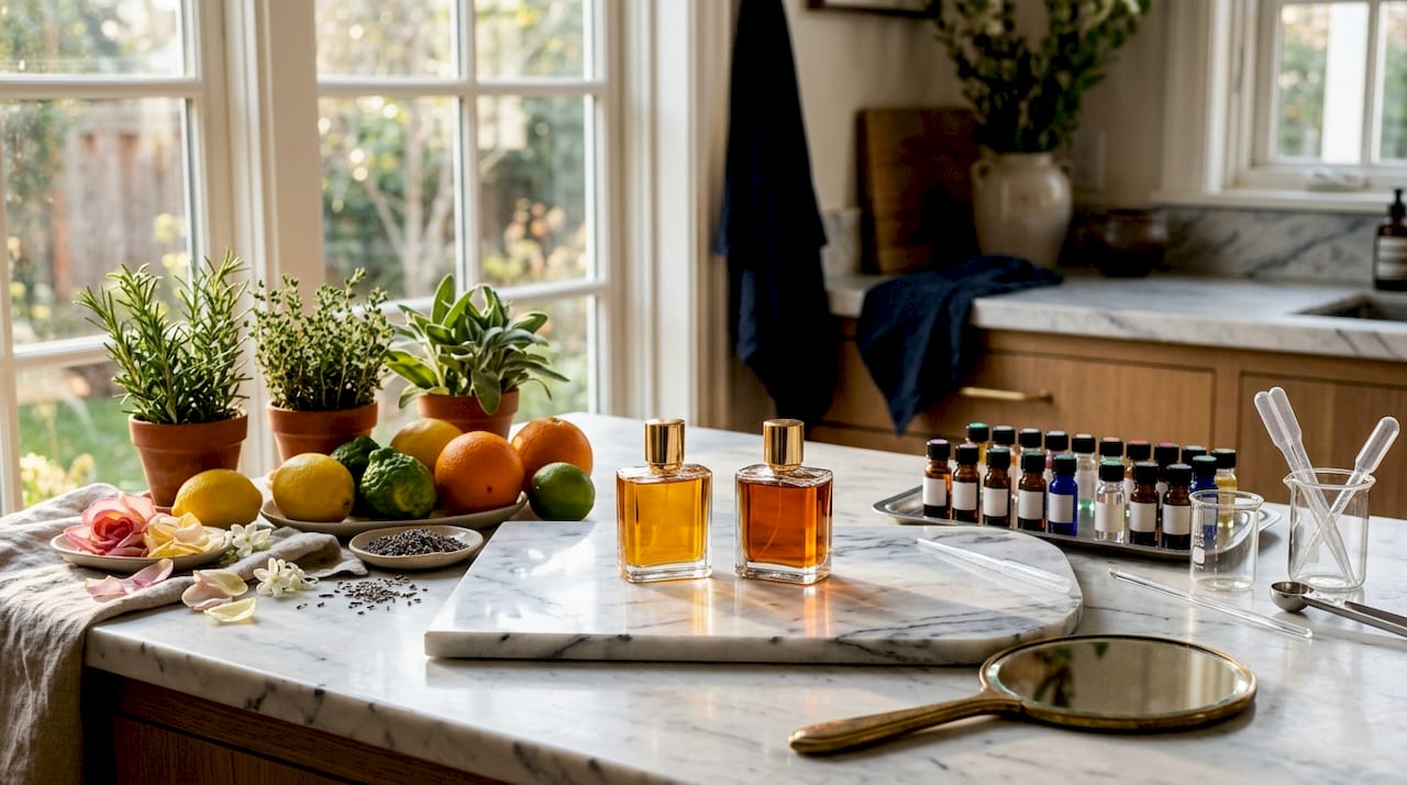 Perfume bottles with natural and synthetic ingredients