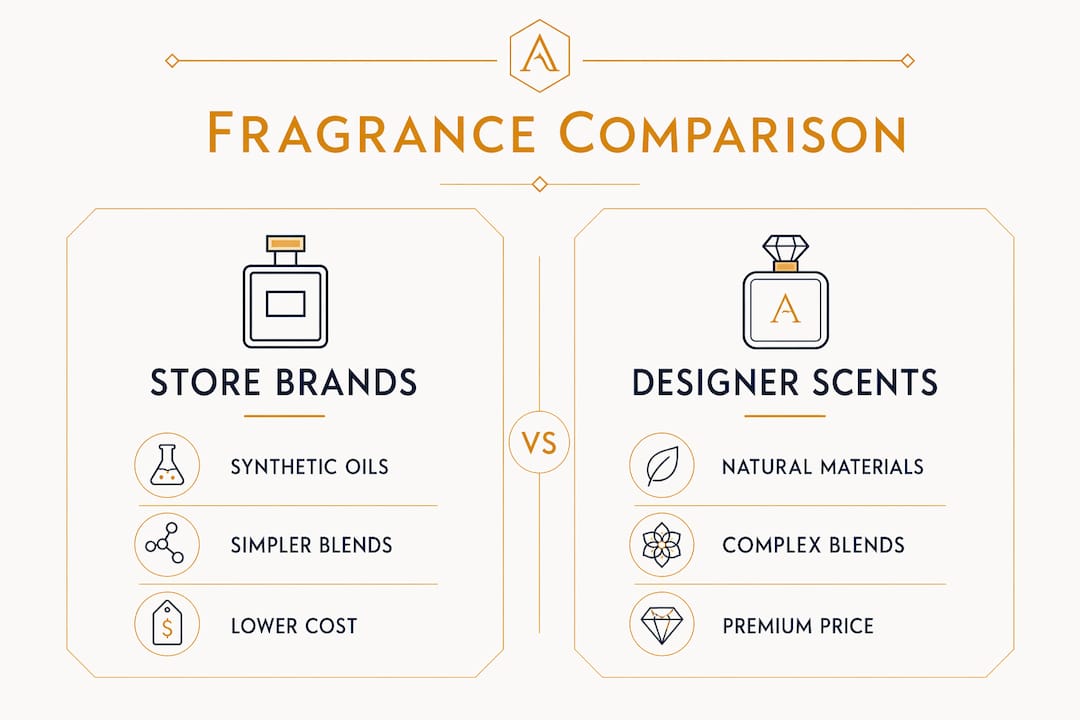 Infographic comparing store brand and designer fragrances