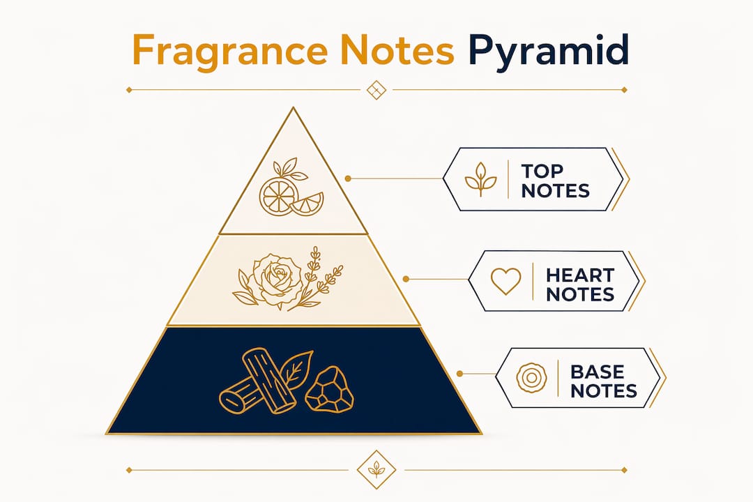 Infographic illustrating fragrance notes pyramid structure