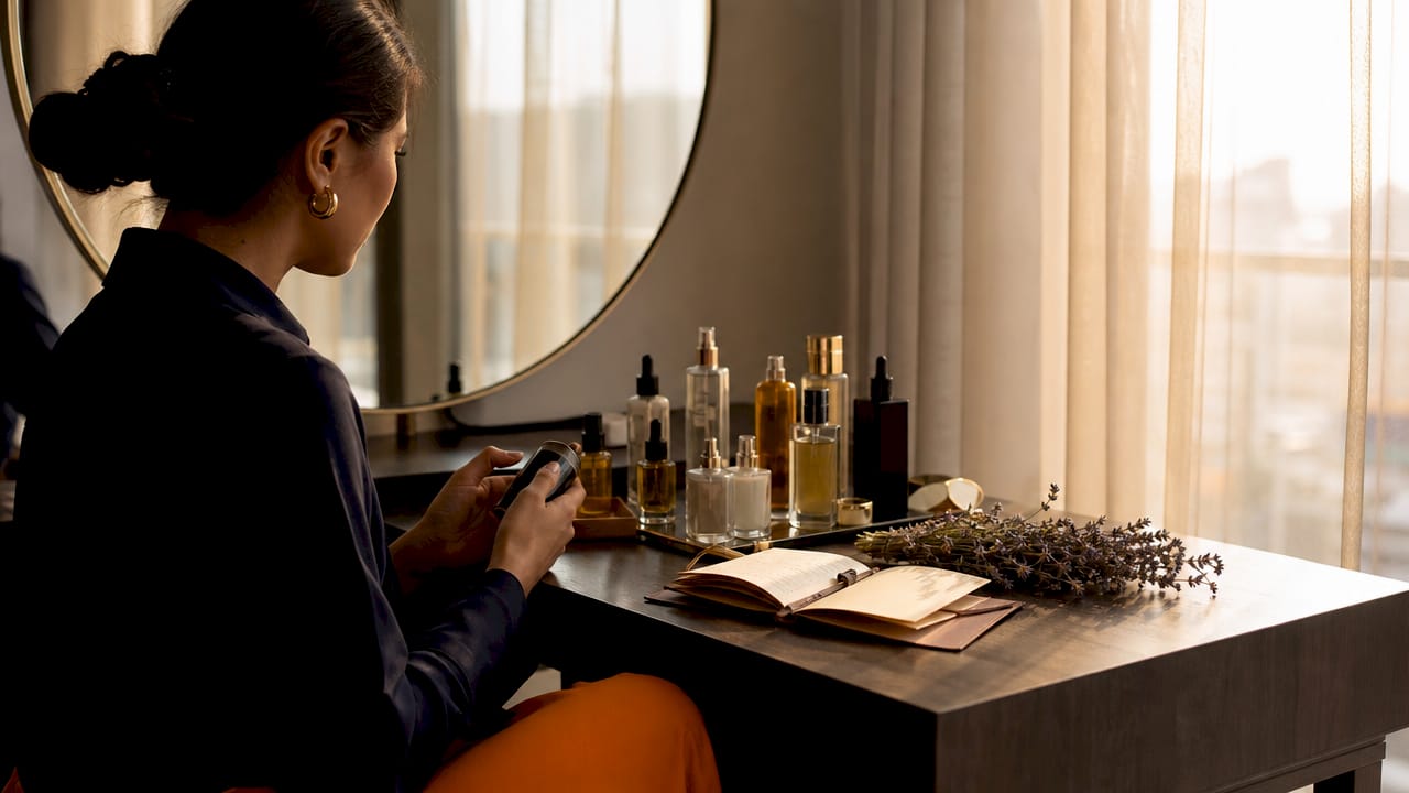 Perfume and body oil bottles on wooden vanity