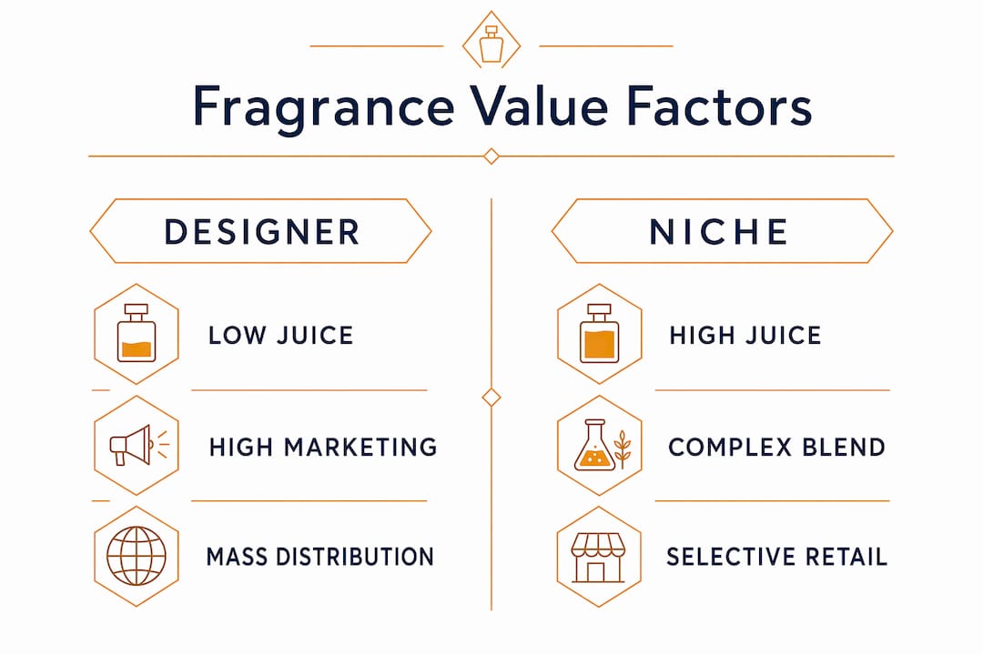 Infographic comparing designer and niche fragrance value factors