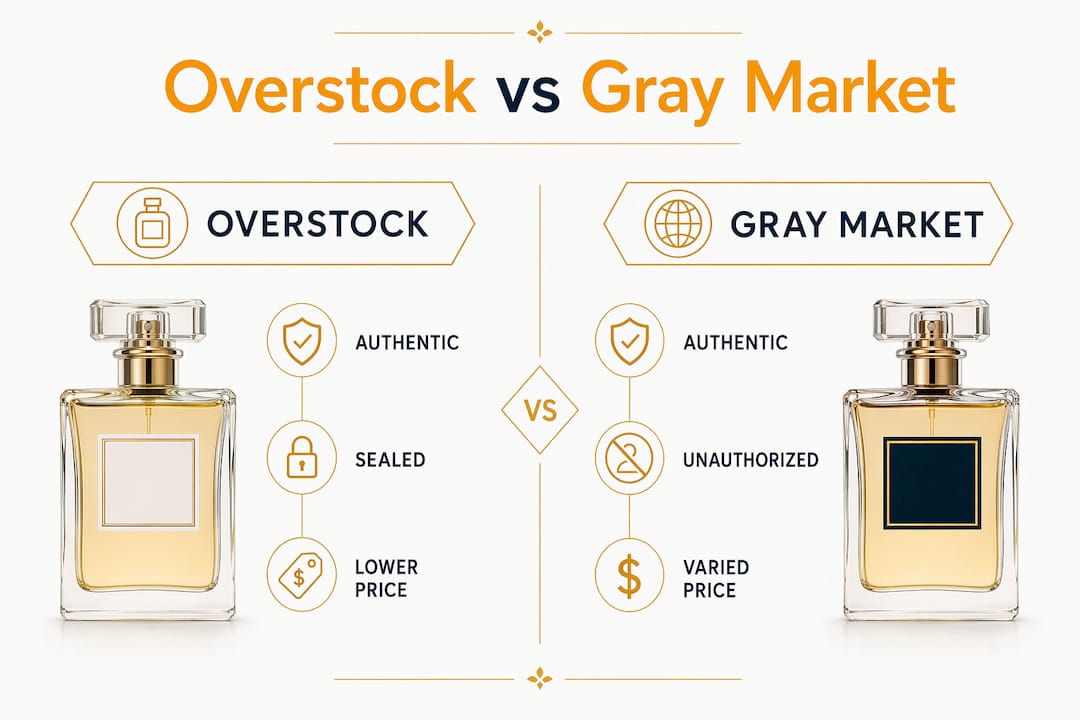 Infographic comparing overstock and gray market perfumes