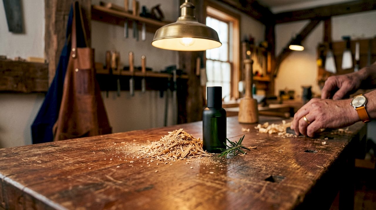Close-up of woody fragrance ingredients on wood surface