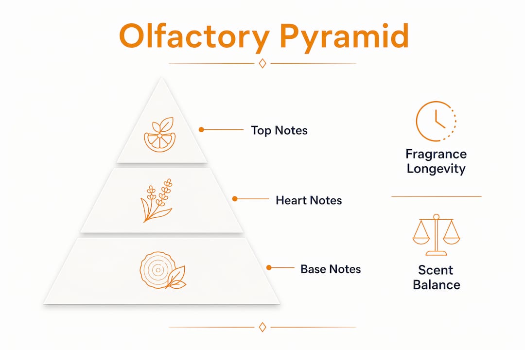 Infographic showing masculine scent olfactory pyramid structure