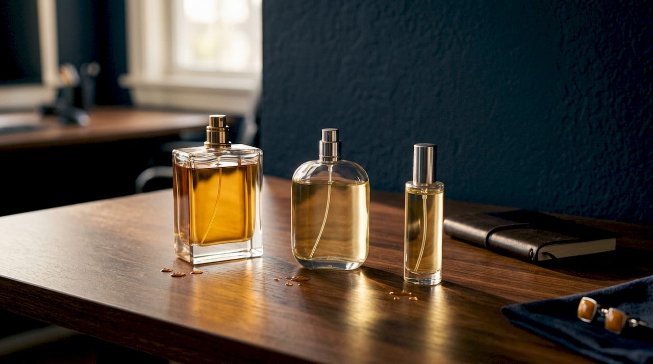 Close-up of different cologne concentration bottles