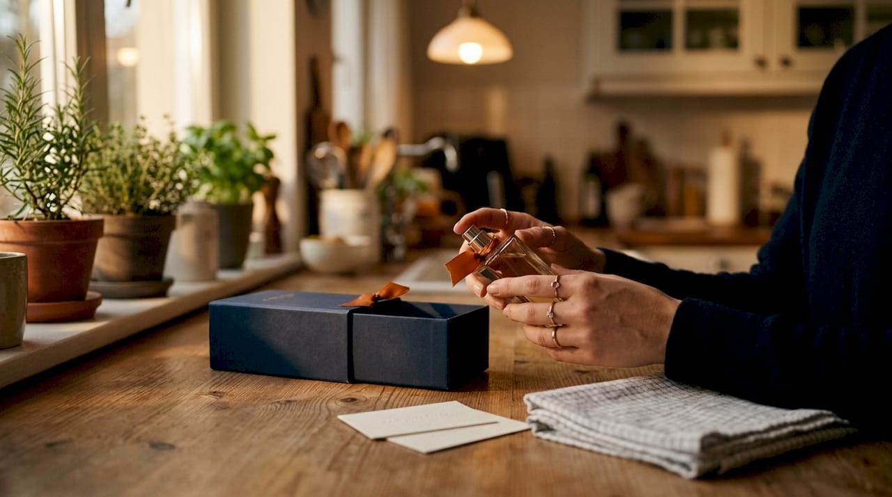 Hands inspecting perfume packaging authenticity