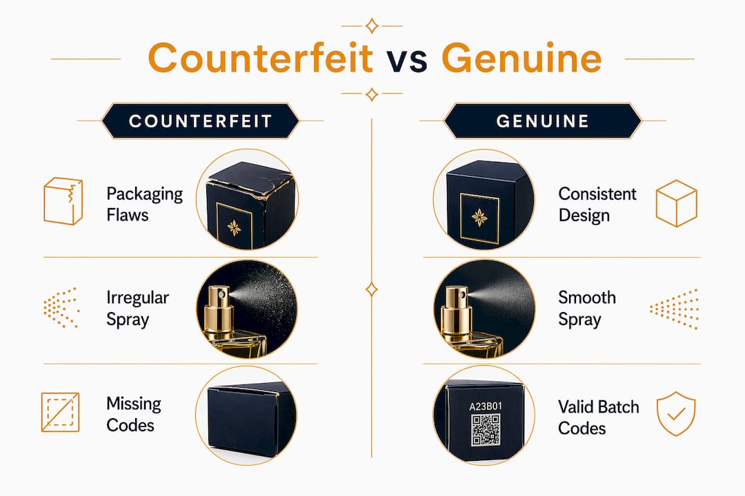 Infographic comparing counterfeit and genuine perfume characteristics