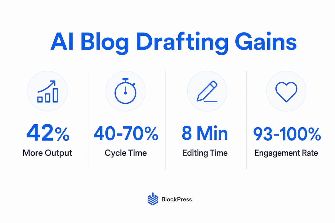 Infographic showing metrics and benefits of AI blog drafting