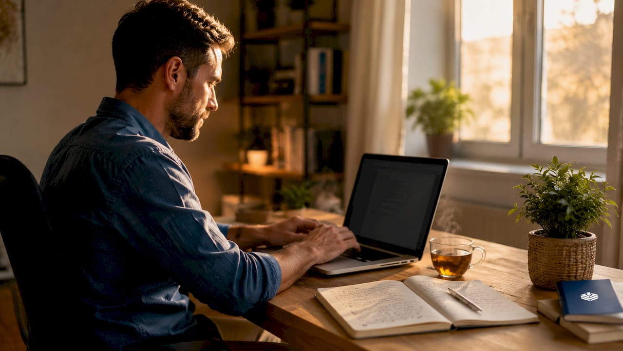 Marketer typing on laptop using AI blog tools