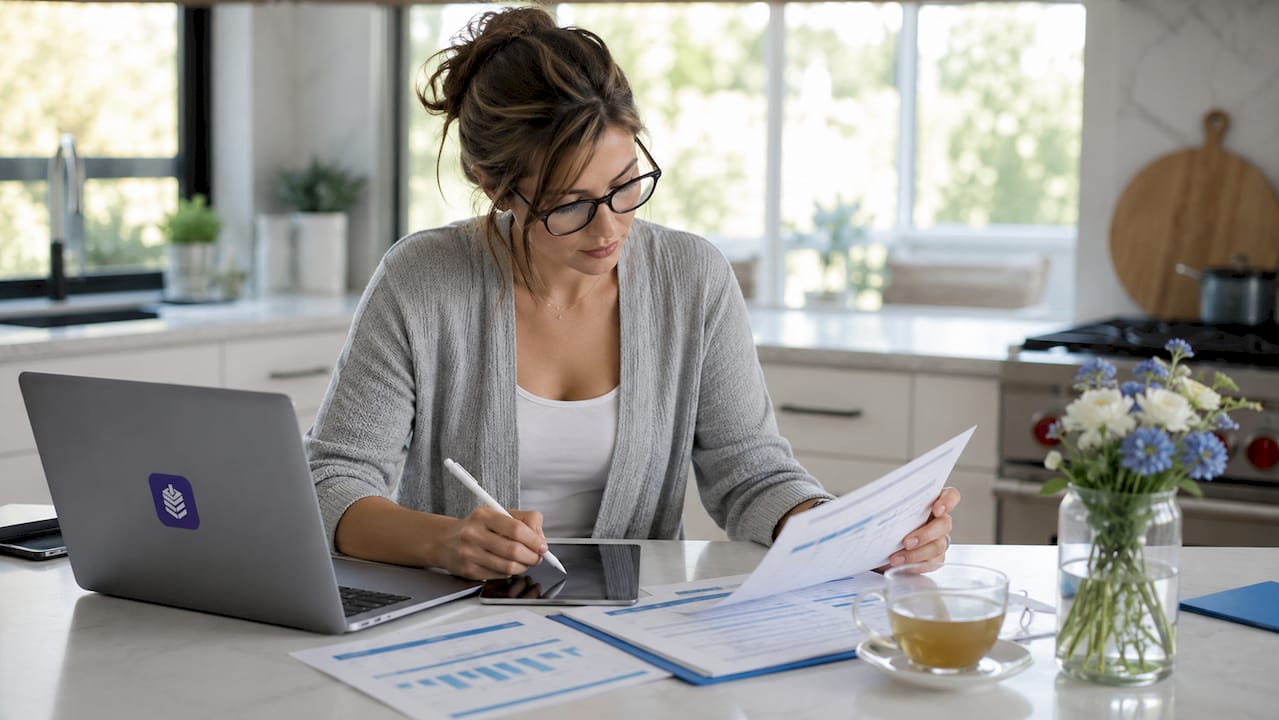 Professional woman doing keyword research at desk