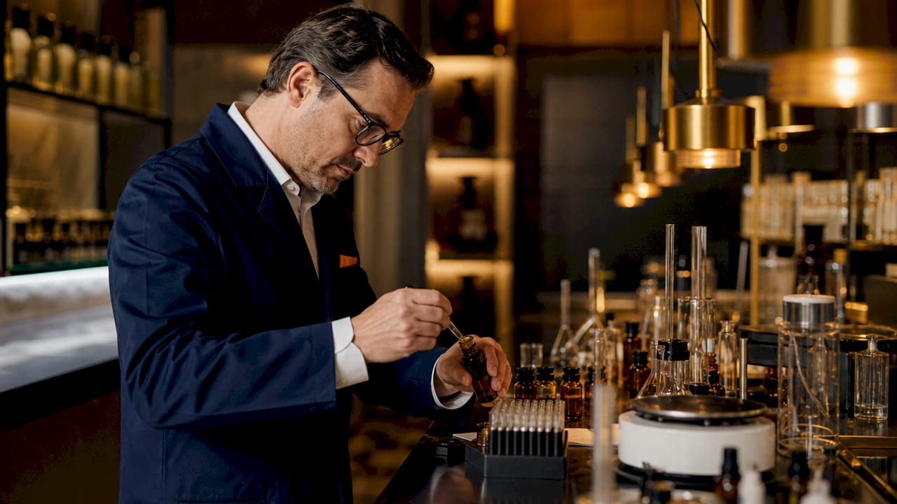 Chemist mixing fragrance oils in perfume laboratory