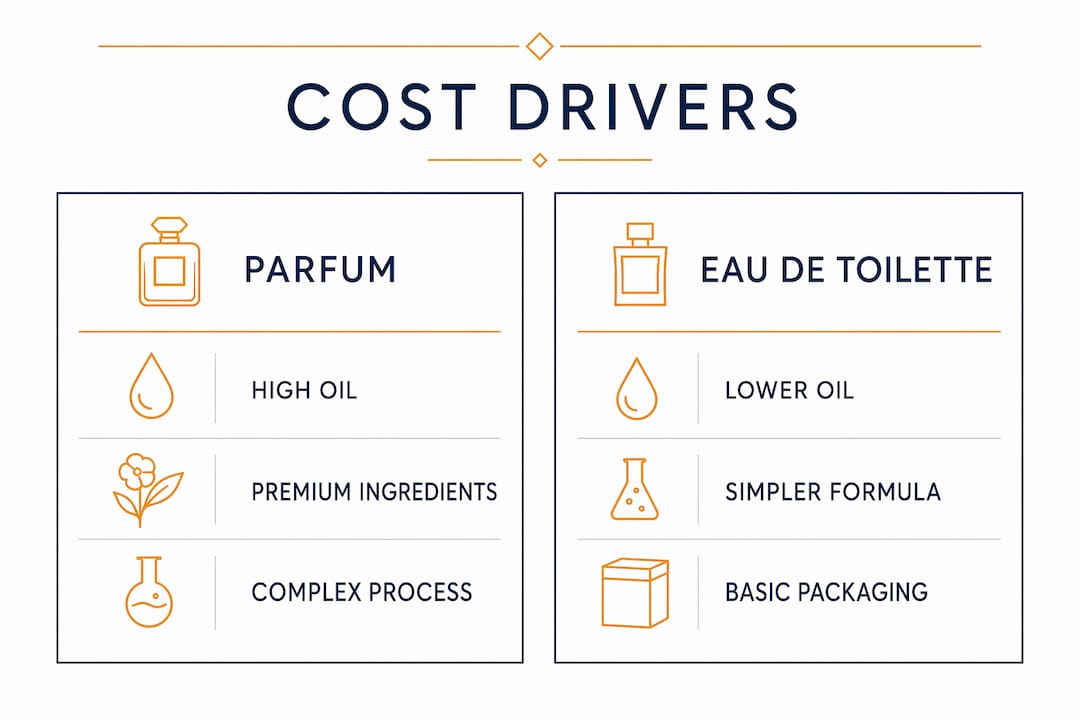 Infographic comparing parfum and eau de toilette cost factors