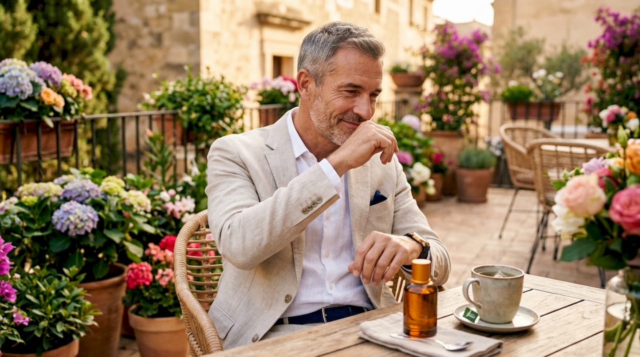 Man smelling floral fragrance outdoors at café