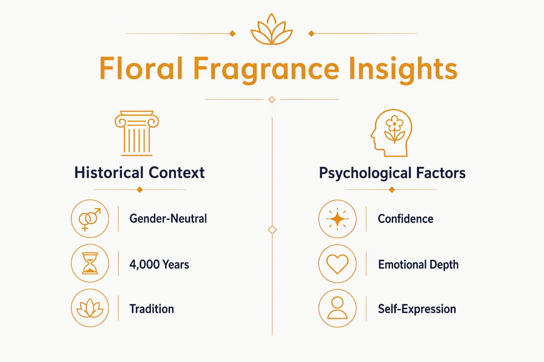 Infographic comparing history and psychology of men's floral scents