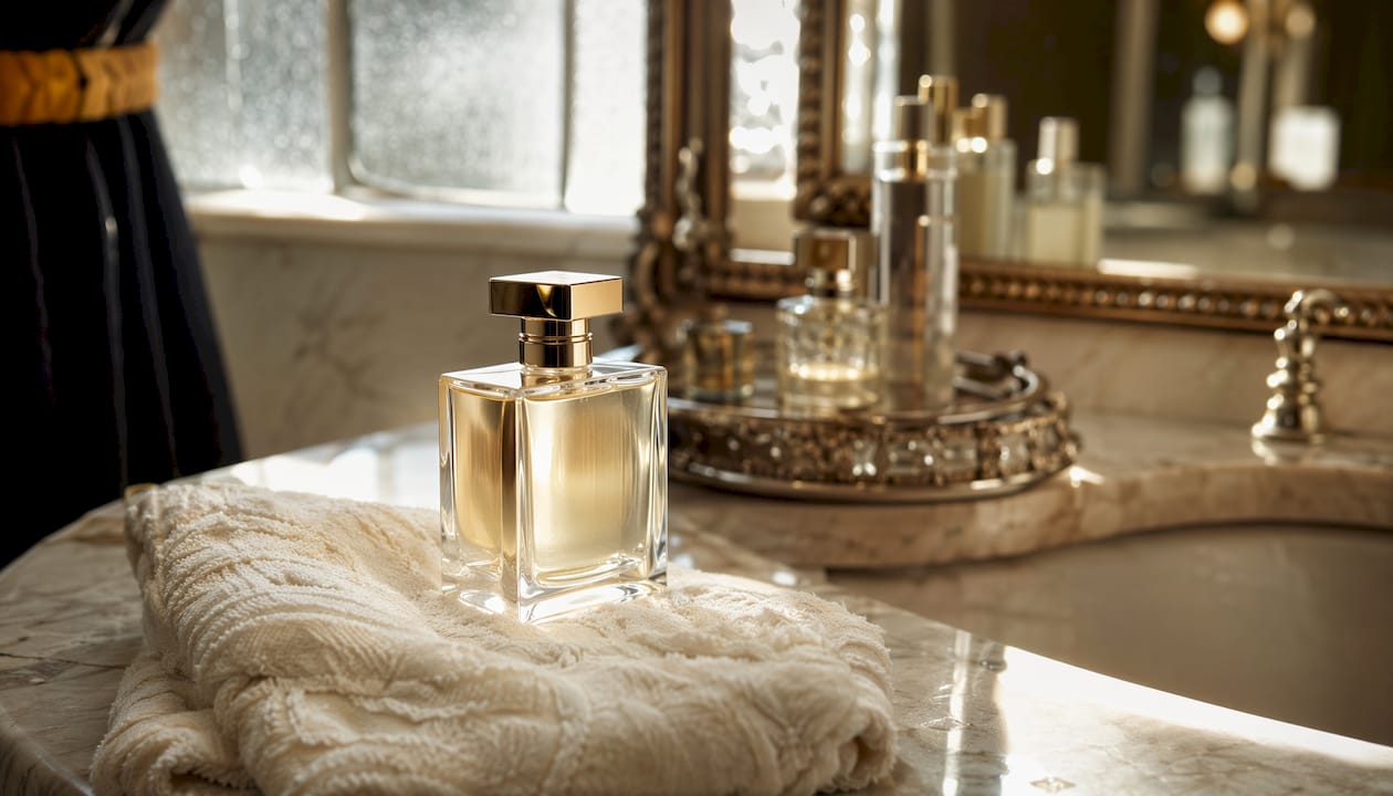 Close-up of prestige fragrance bottle on vanity