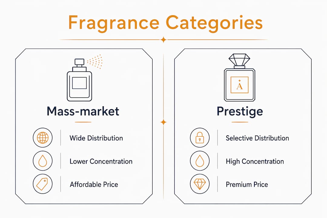 Infographic comparing mass-market and prestige fragrances